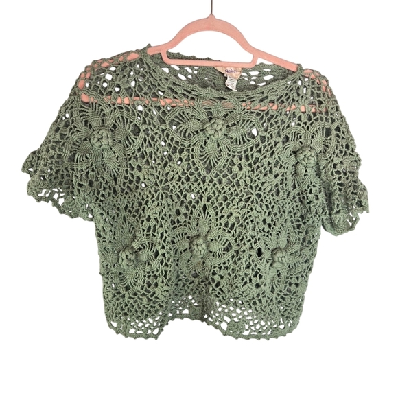 Vtg 90s Y2k Von Saken Green Crochet Cropped Sweater Top Peru - Picture 1 of 8